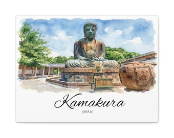Kamakura Japan Watercolor Canvas | Landscape Zen Wall Art | Great Buddha Travel Decor | Japanese Temple Art | by Palettes & Passports