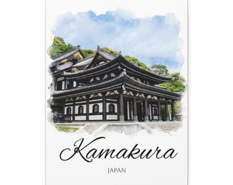 Kamakura Temple Watercolor Canvas Print | Japanese Architecture Wall Art