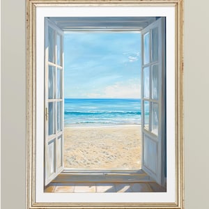 Ocean Window View Art PRINTABLE Sea Coastal Landscape Wallart Beach Holiday Home Decor Print Nautical Oil Painting Seascape Digital Download