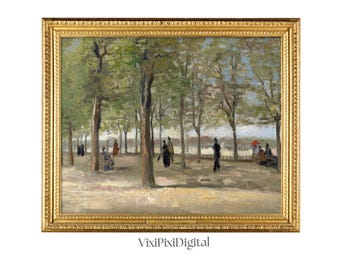Könnte beinhalten: Ein Gemälde, das eine Parkszene mit Bäumen und Menschen zeigt, die auf einem Weg spazieren gehen. Das Gemälde ist in einem goldenen Rahmen gerahmt.