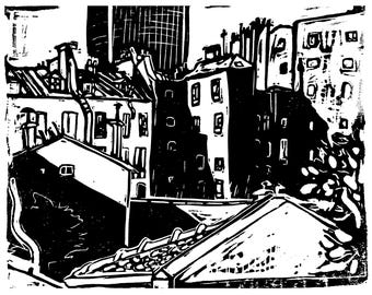 Original linocut of Paris - Rooftops, the hidden side of buildings, clusters of chimneys