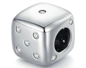 Real 925 Sterling Silver Lucky Dice Beads Square AAA Shiny Zircon Charm Fit Original Bracelet DIY Necklace handmade charm