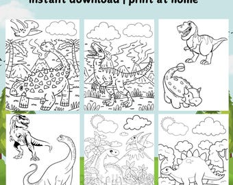 May include: A set of 26 black and white dinosaur coloring pages. The pages feature various dinosaurs, including a T-Rex, a Stegosaurus, and a Triceratops. The pages are ready to be printed and colored.
