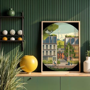 May include: A framed illustration of a city with green roofs and solar panels. The city is surrounded by trees and wind turbines. A person is riding a bicycle in the foreground.