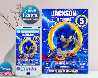 Invitation d'anniversaire Sonic modifiable | Modèle de fête hérisson pour garçons et filles | Téléchargement instantané | Modifiable dans Canvas
