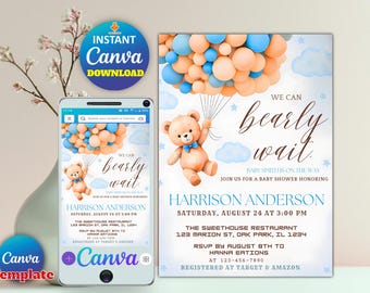 Invitación para baby shower "Podemos esperar", plantilla de baby shower de osito azul, invitación editable de Canva, baby shower de niño imprimible