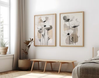 Modern Minimalist Art Beige Black Flower Abstract Art Set of 2, Botanical Neutral Gallery Wall, Flower Wall Art Gallery Set