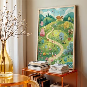 Kaart muurkunst paaseieren zoeken – grillig paaslandschap – paasdecor voor kinderen – afdrukbare kunst
