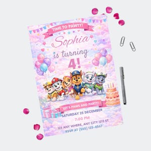 May include: A birthday party invitation featuring the Paw Patrol characters. The invitation has a pink and blue watercolor background with the text "Time to Pawty!" and "Sophia is turning 4!". Includes party details and RSVP information.