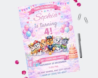 Modello di invito di compleanno modificabile Paw-ty, invito per festa per bambini, compleanno di cuccioli di Puppy Patrol per ragazzi e ragazze