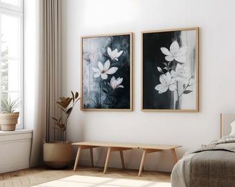 Modern Minimalist Art Beige Black Flower Abstract Art Set of 2, Botanical Neutral Gallery Wall, Flower Wall Art Gallery Set