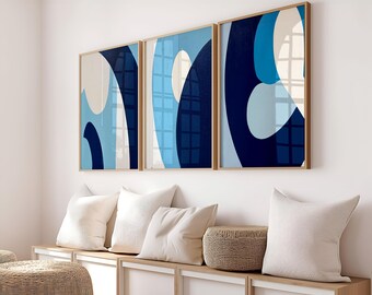 Mid-century Trendy Bracing Blue Beige Organic Lines Minimalistic Printable Wall Art set of 3 | Black and Beige Tones Contemporary Printable