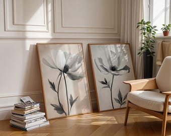 Modern Minimalist Art Beige Black Flower Abstract Art Set of 2, Botanical Neutral Gallery Wall, Flower Wall Art Gallery Set