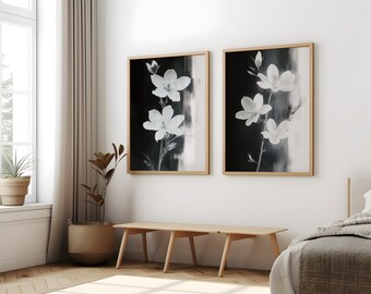 Modern Minimalist Art Beige Black Flower Abstract Art Set of 2, Botanical Neutral Gallery Wall, Flower Wall Art Gallery Set