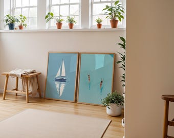 2er-Set Minimalistische Schwimmen-Drucke | Beachy Wandkunst | Strand Galerie Wand-Kunst-Set | Schwimmbad Kunst | Strandhaus Kunst | Digitaler Download