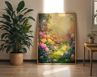 Arte mural de jardín de Pascua: flores y huevos primaverales en flor. Impresión de paisaje pastel. Decoración del hogar.