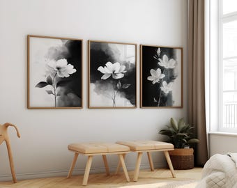Modern Minimalist Art Beige Black Flower Abstract Art Set of 3, Botanical Neutral Gallery Wall, Flower Wall Art Gallery Set