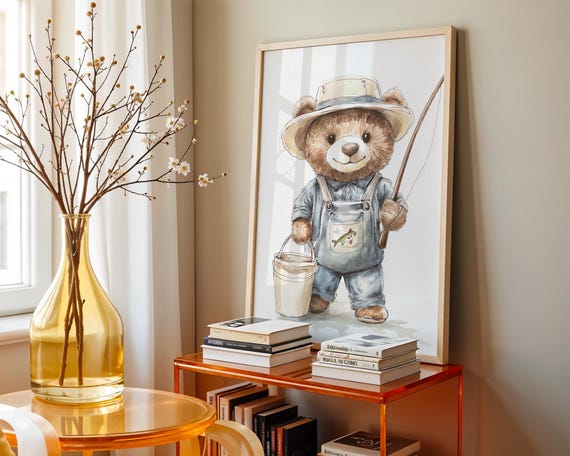 Teddy Bear Fishing Nursery Decor Fisherman Kids Room Fishing Art Nursery Teddy Bear Print Kids Room Gone Fishing Nursery by Bespoke Littles