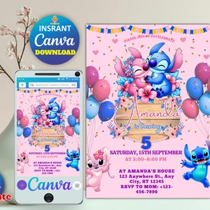 Editable Stitch Birthday Invitation Template | Cartoon Pool Party Invite | Canva Editable Birthday Invitation