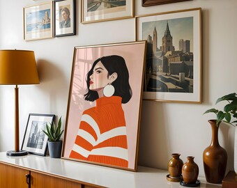 The Woman with Orange Stripes Art Print - Minimal Portrait Illustration Wall Art Decor - Stripes Print for Home