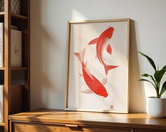 Red Koi Print, Japanese Print, Vintage Print, Printable Wall Art, Trendy Wall Art, Aesthetic Wall Art, Japanese Art Print, Koi Fish Print