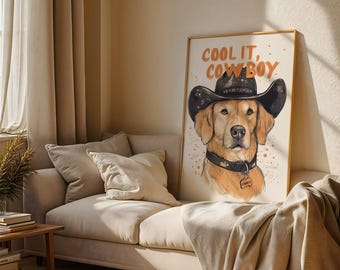 cool it cowboyhondenprint oranje | retroprint | vintage kunst | westelijke muurkunst hond | Westernhondenprint | trendy inrichting | westerse posterkunst |