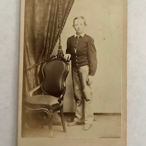 Antique CDV Photo Young Boy Union Army Shell Coat Civil War Era 1862-63, Photographer Harbaugh & Green Allegheny Pittsburgh PA