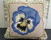 Vintage Needlepoint Pillow Blue Pansy 9 quot Square, Beige Taupe Background, Small Decorative Pillow, Throw Pillow, Completed Pillow Floral