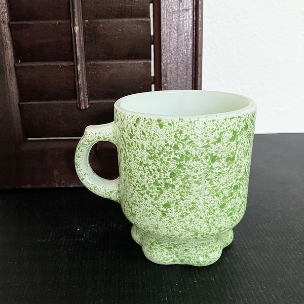 Vintage Fire King Concord Coffee Mug Cup Milk Glass w/ Green Spatters Anchor Hocking Retro 1970s Mid Century USA