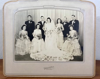 Old Wedding Photo Bay City Michigan Art Deco Style Cardboard Frame Viintage 1940's WWII Era