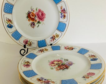 Set of 4 Crown Imperial Czecho-Slovakia, Haas and Czjzek (H & C) Plates Pink Rose Floral Cornflower Blue and Gilt Accents 10.75"