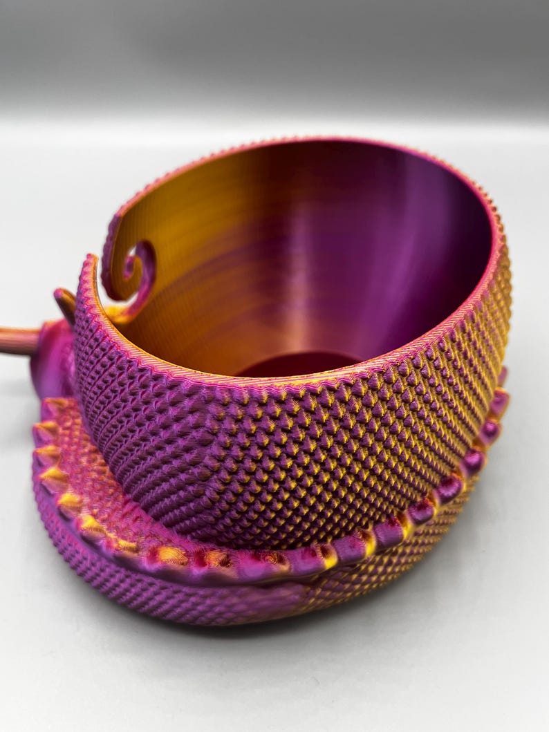 Sleeping Dragon Yarn Bowl 3D printed in ECO friendly PLA With Tool Holder Gold Pink