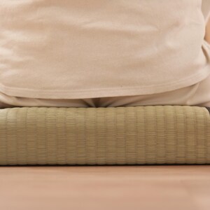 A rear-facing shot showing a model seated cross-legged (a traditional Japanese Zen posture) on a tatami cushion. The vivid green of natural igusa and the sleek black borders create a striking contrast. The model is firmly seated, and the ample thickness and moderate firmness of the cushion visibly stabilize the pelvis. Its wide and stable form makes it well-suited for long meditation or mindfulness sessions.