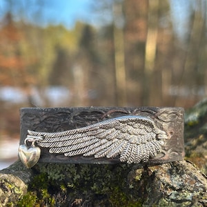 Handmade Black Leather Feather Bracelet: Pewter Wing & Heart