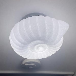 May include: White, seashell-shaped ceiling light fixture. The light has a spiral design and is mounted on a white ceiling. The fixture is illuminated, casting a soft glow. A smoke detector is visible below the light.