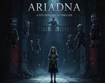 Könnte beinhalten: Digitale Illustration für einen Psychothriller namens "ARIADNA". Das Bild zeigt ein junges Mädchen, das einen Teddybären hält, umgeben von unheimlichen, schwebenden Puppen. Eine schattenhafte Gestalt steht auf einem Balkon. Die Farbgebung ist düster.