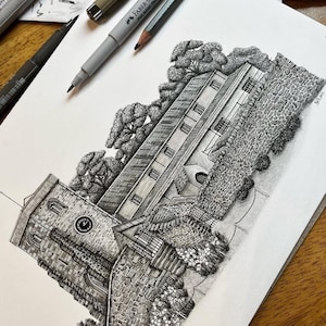 May include: A black and white pen and ink drawing of a stone building with a clock tower. The building is surrounded by trees and a stone wall. The drawing is signed "Slaidburn" in the bottom right corner.