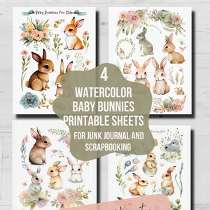 IMPRIMIBLE BABY BUNNY Clip Art, Baby Bunnies Watercolor Journaling Papers, Papel digital, Ephemera Easter Crafting, Card Making, Bunnies