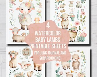 Afdrukbare BABY SCHAPEN Clip Art, Baby LAMB Aquarel Download, Spring Easter Lamb Printable, Ephemera Crafting, Printable Junk Journal Lambs