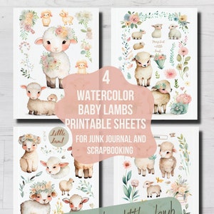 Imprimible BABY SHEEP Clip Art, Baby LAMB Watercolor Download, Spring Easter Cordero imprimible, Ephemera Crafting, imprimible Junk Journal Lambs