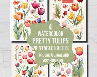 Printable SPRING TULIPS Clip Art, Tulips Watercolor Download, Ephemera Crafting, Printable Junk Journal Tulip Flower, Card Making, Crafts