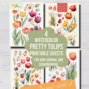 Printable SPRING TULIPS Clip Art, Tulips Watercolor Download, Ephemera Crafting, Printable Junk Journal Tulip Flower, Card Making, Crafts