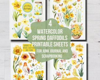 PRINTABLE SPRING DAFFODILS Clip Art, Daffodil Flowers Watercolor Download, Digital Download, Ephemera Crafting Junk Journal Yellow Daffodils