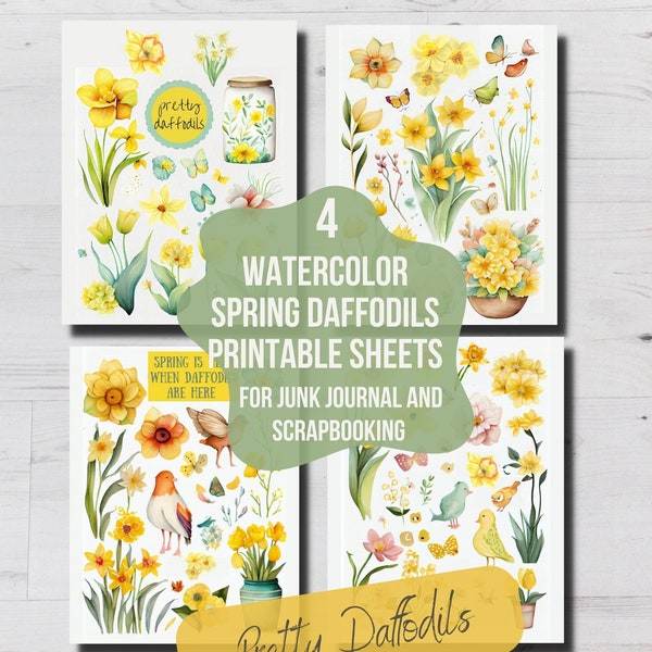 PRINTABLE SPRING DAFFODILS Clip Art, Daffodil Flowers Watercolor Download, Digital Download, Ephemera Crafting Junk Journal Yellow Daffodils