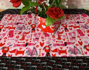 40" Black Pink and Red Puppy Love Valentine Table Runner, Valentine Decoration, Puppies Dogs and Paw Prints Valentine's Day Table Runner