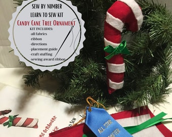 SEW BY NUMBER Sewing Kit for Kids, Learn to Sew Kit for Children, Beginner Sewing Kit, Sew a Candy Cane Tree Ornament, Montessori Sewing Kit