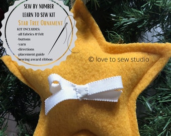 SEW BY NUMBER Sewing Kit for Kids, Learn to Sew Kit for Children, Beginner Sewing Kit, Sew a Gold Star Tree Ornament, Montessori Sewing Kit