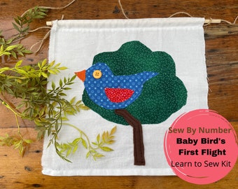 SEW BY NUMBER Sewing Kit for Kids, Learn to Sew Kit for Children, Beginner Sewing Kit, Learn to Make a 12" Fabric Wall Hanging Baby Bird Art
