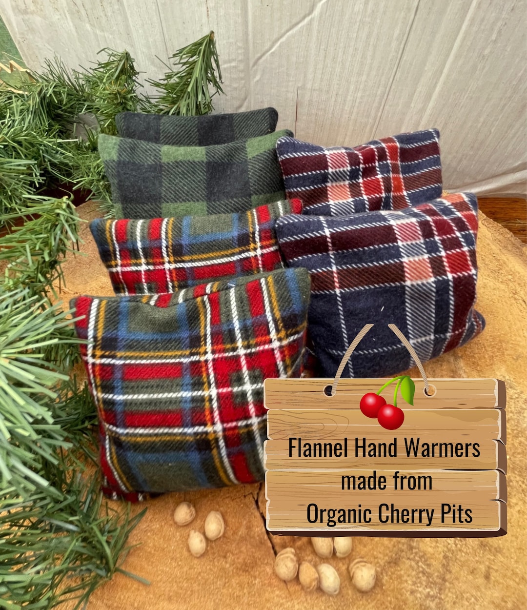Set of Two Flannel Hand Warmers, Natural Organic Dried Cherry Pit Hand