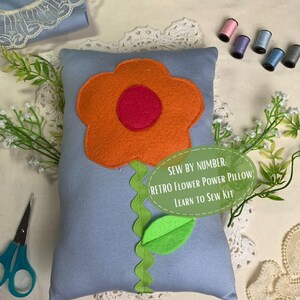SEW BY NUMBER Learn to Sew Kit, Retro Flower Power Pillow Beginner Sewing Kit, Kids Sewing Kit, Montessori Sewing Kit